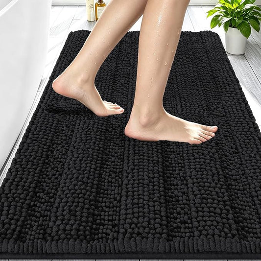Smiry Thick Small Chenille Bathroom Rugs 24x16, Absorbent Bath Mat, Black | Quick‑Dry & Machine Washable, Non‑Slip Bath Carpet, Soft Striped Bath Rugs for Tub & Shower, Modern Home Decor Accessories