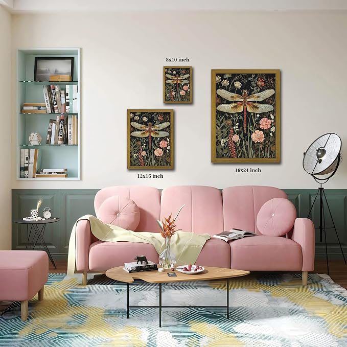 Framed Hand Drawn Sandstone Dragonfly Wall Art, Vintage 3D Textured Nature Botanical Wall Decor Pictures, Pink Flowers Print Painting for Living Room Kitchen Home Decor 16x24inch