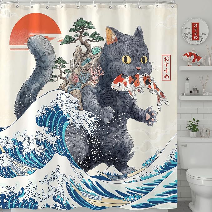 Accnicc Funny Black Cat Shower Curtain for Bathroom 72 X 72 Inch | Fun Cool Cat Shower Curtains, Japanese Ocean Wave Kids Bath Curtain Decor, Water-Resistant Washable Polyester Fabric