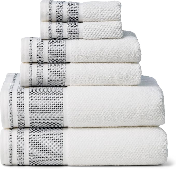 Texere 100% Organic Cotton Rice Weave Jacquard 700 GSM Luxury Bath Towel Sets - 2 Large Bath Towels, 2 Hand Towels, 2 Washcloths (Rice Weave, BRT Wht w/Blk, 6 Piece)