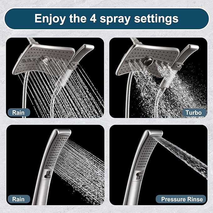 BRIGHT SHOWERS High Pressure Brushed Nickel Shower Heads Combo with Two Spray Setting Fixed Shower Head and Two Spray Settings Handheld Shower Head with Grey Face