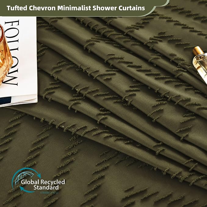 Siiluminisoy Extra Long Olive Green Boho Shower Curtain with Tassel, Woven Fabric 84 in Shower Curtain, Tufted Chevron Striped, 72 x 84, Modern Chic Textured Minimalist Bathroom Shower