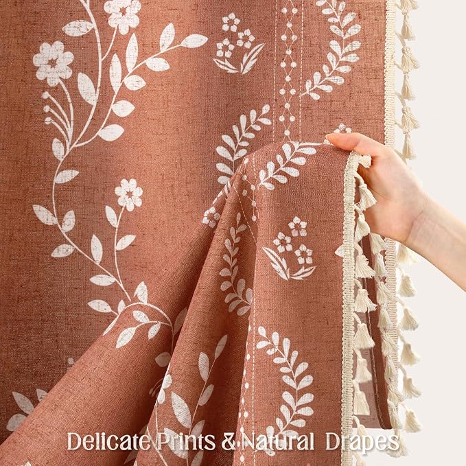 Boho Terracotta Vintage Shower Curtain with Tassels | 60 x 72 Inch,Bohemian Floral Linen Fabric Pattern Curtain Curtain For Bathroom