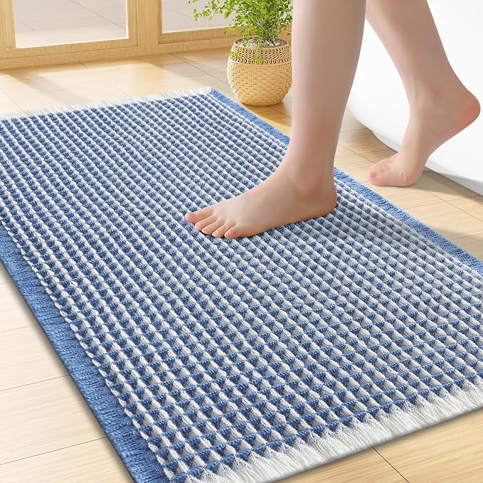 Smiry Waffle Bath Mat 24X16, Soft Absorbent Bathroom Rugs, Blue & Cream | Non Slip Machine Washable Quick Dry Bath Rugs for Bathroom Floor, Tub, Shower, Home Decor Accessories