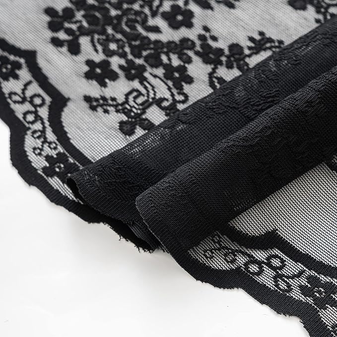 TUDECO Black Lace Shower Curtain with Valance, Gothic Style, 72 x 72 Inch | Halloween Bathroom Curtain, Moody Witchy Victorian Decor, Dark Vintage Floral, Soft Light Filtering, Scalloped Edges