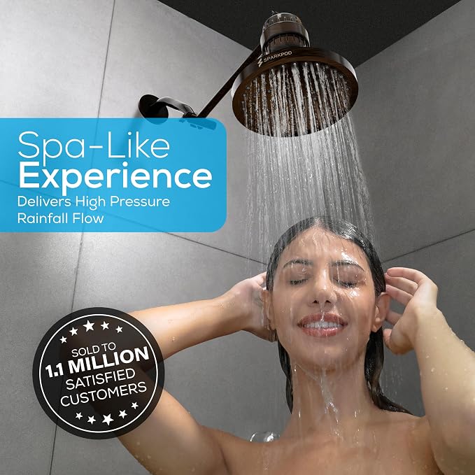 SparkPod Rain Shower Head, 8 Inch Round, Vintage Oil-Rubbed Bronze Finish | High Pressure Shower Heads, 90 Nozzles, Adjustable Showerhead, No Tools Needed, Universal Connection