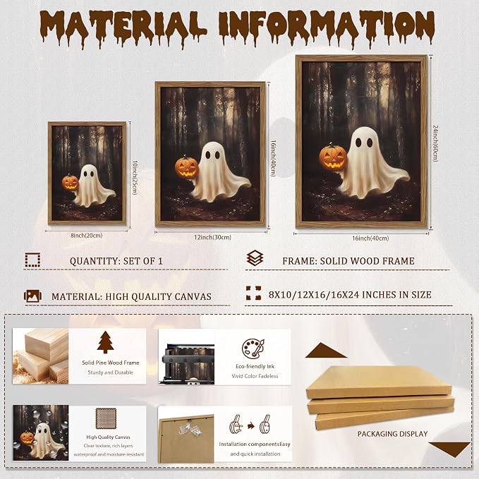 Vintage Halloween Ghost Wall Art, Gothic Cute Ghost Pumpkin Canvas Wall Decor Paintings, Dark Academia Spooky Fall Forest Prints Pictures for Living Room Bedroom 16x24 Inch Framed
