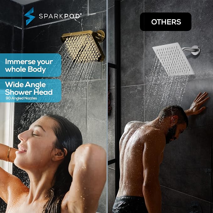 SparkPod Rain Shower Head, 6 Inch Square, Egyptian Gold Finish | High Pressure Shower Heads, 90 Nozzles, Adjustable Showerhead, No Tools Needed, Universal Connection