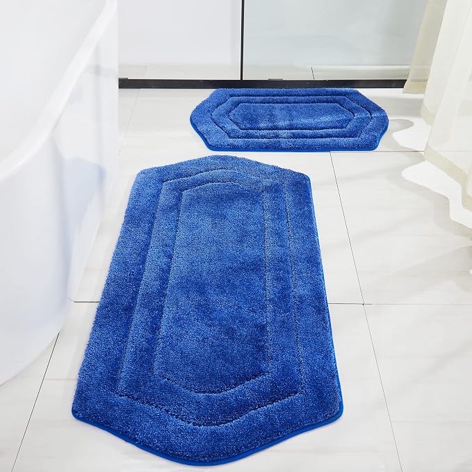 COSY HOMEER Non-Slip Bath Mats Extra Thick Absorbent Plush Washable | 20"x32"+24"x48" Blue Non-Slip Extra Thick Plush Absorbent Machine Washable Bath Mats Bathroom Rugs Floor Tub Shower