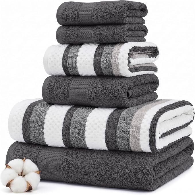Modern Threads Pax 6-Piece Reversible Yarn Dyed Jacquard Towel Set - Bath Towels, Hand Towels, & Washcloths - Super Absorbent & Quick Dry - 100% Combed Cotton, Coal