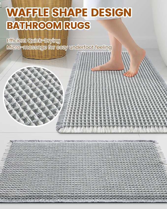 Smiry Waffle Bath Mat 60X24, Soft Absorbent Bathroom Rug, Lightgrey & Cream | Non Slip Machine Washable Quick Dry Bath Rugs for Bathroom Floor, Tub, Shower, Home Decor Accessories