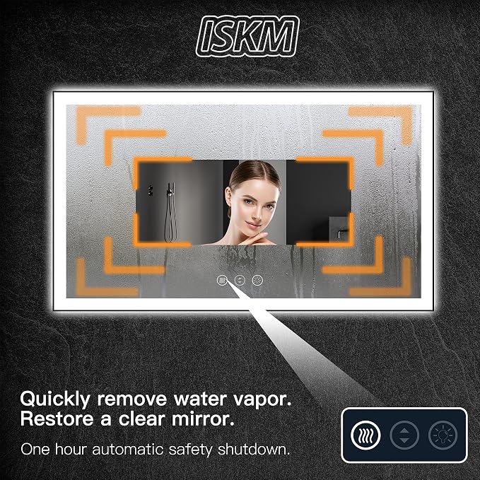 ISKM 84x32 Framed LED Bathroom Mirror, Dimmable Front & Backlit, Anti-Fog | 3 Color Temps(3000K/4000K/6000K), Stepless Dimming 10%-100%,Shatterproof Tempered Glass, IP65 Waterproof,Plug-In or Hardwired