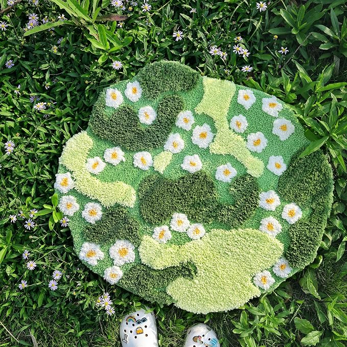 YIKUSH Moss Rug, Cute Green Plant Bath Mat with White Flowers, 29x26 Inch | Round Rugs, Bathroom Decor Aesthetic, Absorbent, Machine Washable, Non Slip Bath Mat for Bedroom Shower Floor Home Decor