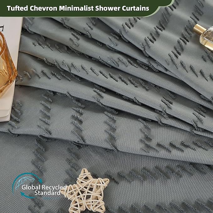 Siiluminisoy Extra Long Grey Boho Shower Curtain with Tassel, Woven Fabric 96 in Shower Curtain, Tufted Chevron Striped, 72 x 96, Modern Chic Textured Minimalist Bathroom Shower