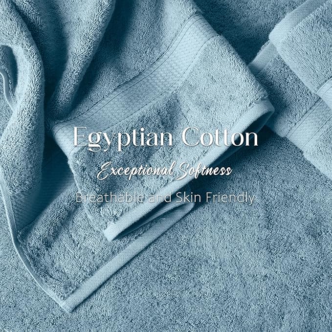 SUPERIOR Egyptian Cotton Ultra Plush & Absorbent, 12 Piece Set, Denim Blue | Heavyweight 12 Pc Egyptian Cotton Towel Set Includes 4 Bath Towels 4 Hand Towels 4 Washcloths Decorative Rope Border