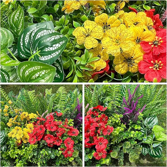 Alupssuc 24 Pcs Artificial Plants Flowers for Outdoors UV Resistant Decor | No Fade Plastic Spring Fake Plants Greenery, For Patio Porch Garden Pathway Home Spring Decor, 4 Colors