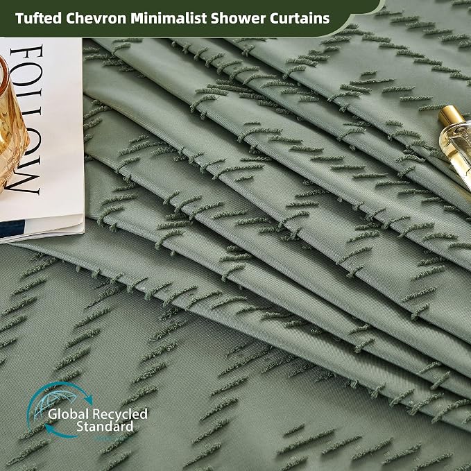 Siiluminisoy Extra Long Sage Green Boho Shower Curtain with Tassel, Woven Fabric 84 in Shower Curtain, Tufted Chevron Striped, 72 x 84, Modern Chic Textured Minimalist Bathroom Shower