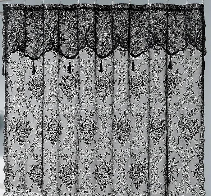 Warm Home Designs Black Lace Shower Curtain with Valance. LA Black 96 | Black Lace Shower Curtain 72 x 96 Inches with Attached Valance & 7 Tassels. Luxury Farmhouse Shower Curtains.