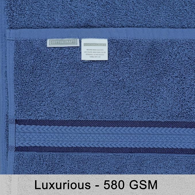 COTTON CRAFT Ultra Soft Hand Towels - 6 Pack 100% Ringspun Cotton Towel Set | Large 16x28 inch Blue Hand Towels with a Luxurious Rayon Border - Plush Absorbent 580 GSM Easy Care - Ideal for Everyday use