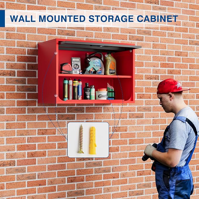 Fesbos Metal Storage Cabinet Black Red Wall Cabinets with Shelf and Locking Door - Wall Mounted Storage Cabinet for Garage Warehouse Home Office - Assembly Required