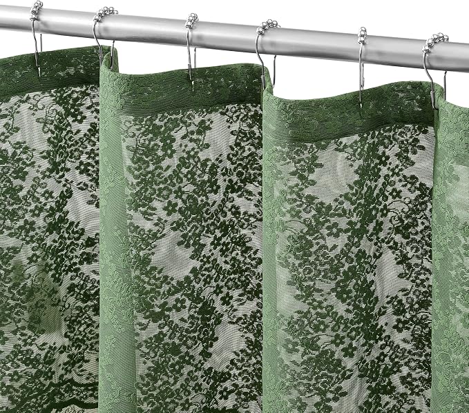 Green Lace Shower Curtain 36x72, Narrow Stall with Attached Valance | Sheer Shower Curtain with Scalloped, lets in soft light for Farmhouse Cottagecore Stalls, RVs and Small Bathrooms