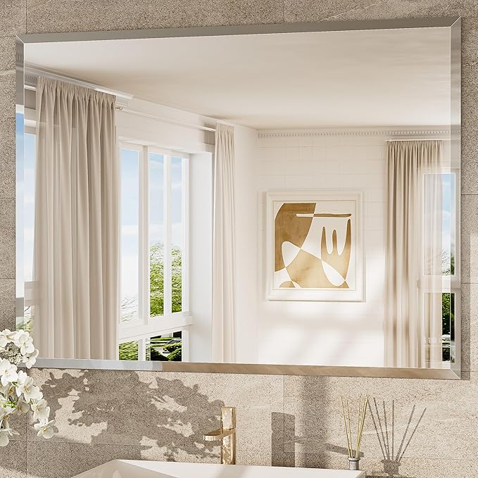 48x36 Frameless Bathroom Mirror for Over Sink with 1" Beveled Edge, Tempered Bathroom Vanity Mirror Beveled, Shatterproof Rectangle Mirrored Wall Mounted for Living Room, Entryway