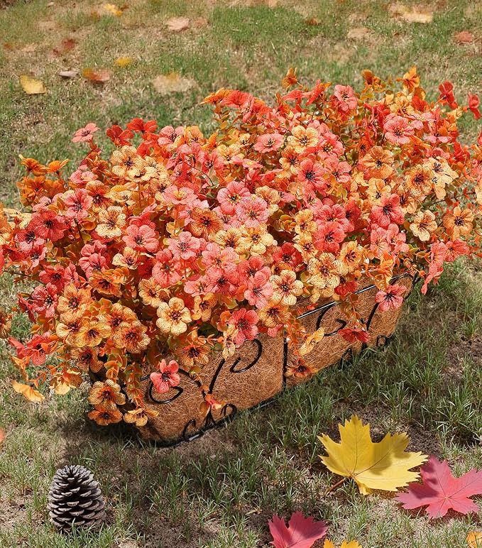 florisso Artificial Fall Flowers Fake Mums for Outdoor Autumn Decor | 12 Bundles Faux Silk Orange Yellow Mums Daisy + 1 Pc Reddish‑Brown Straw, UV Resistant for Outside Home Porch Patio Planter