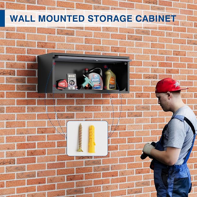 Fesbos Metal Storage Cabinet Black&Gray Wall Cabinets with Locking Door - Wall Mounted Storage Cabinet for Garage Warehouse Home Office - Assembly Required