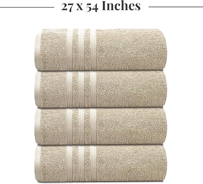 4 Piece Bath Towels 27x54 Inches, Beige | 100% Cotton, Lightweight & Quick-Dry, Ideal for Daily Bathroom Use, Practical & Comfortable