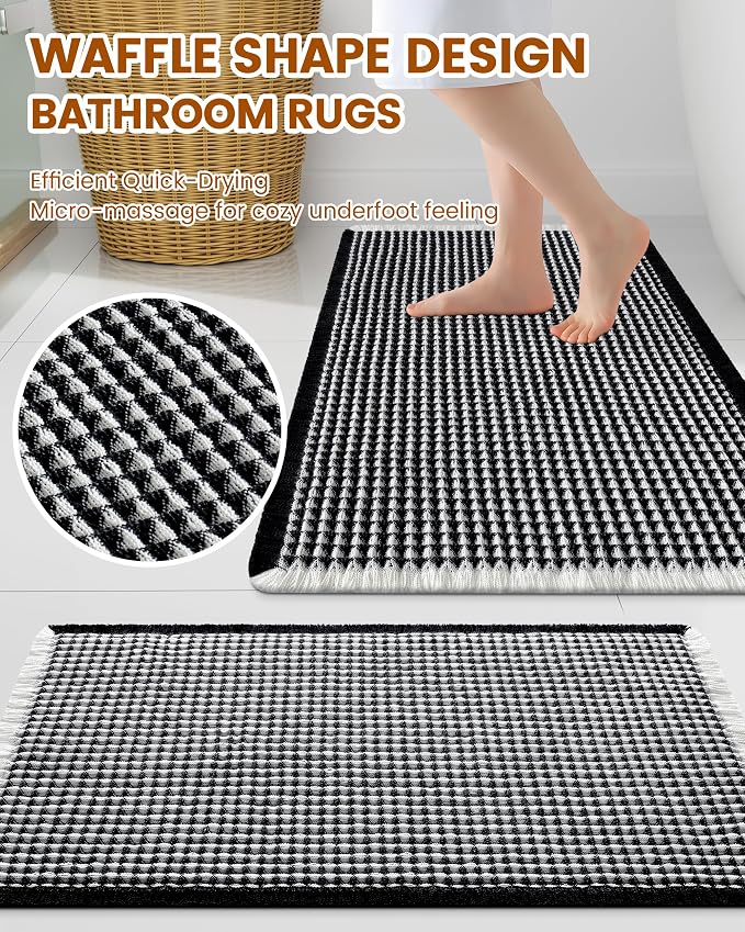 Smiry Waffle Bath Mat 30X18, Soft Absorbent Bathroom Rugs, Black & Cream | Non Slip Machine Washable Quick Dry Bath Rugs for Bathroom Floor, Tub, Shower, Home Decor Accessories