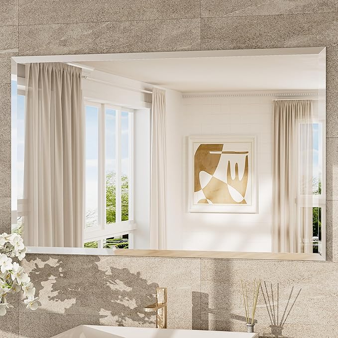 48x30 Frameless Bathroom Mirror Rectangle, Tempered Beveled Mirror for Bathroom Vanity with 1" Beveled Edge, Shatterproof Modern Wall Mirrored for Living Room, Entryway, Restroom