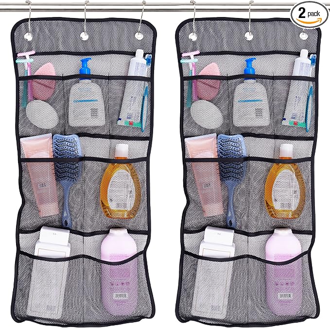 S&T INC. Shower Organizer and Caddy, 2 Pack, 14" x 30", Black | Quick-Dry Mesh, 7 Pockets, Shower Caddy and Bathroom Organizer, Hangs on Existing Shower Curtain Hooks, Cruise Essential