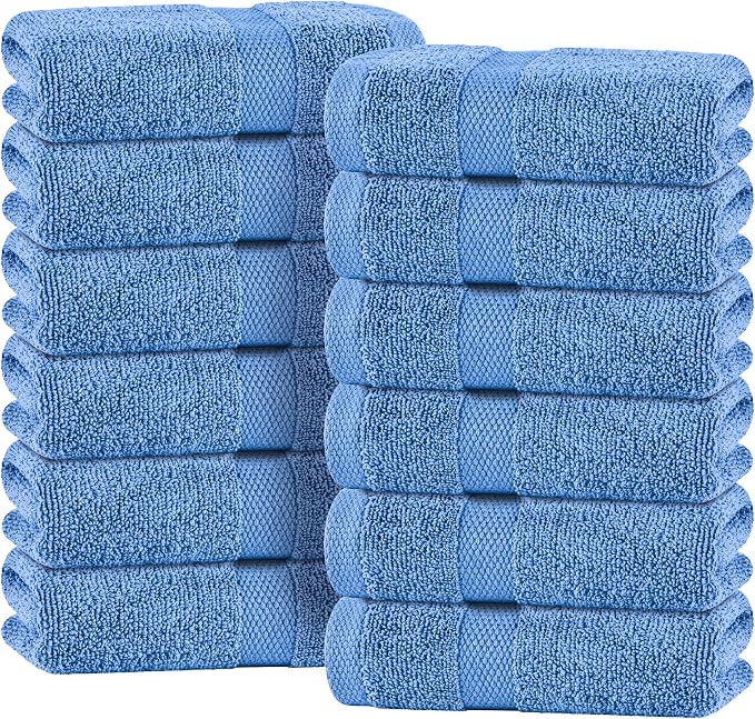 White Classic Light Blue Hand Towels for Bathroom [12 Pack] Cotton Hand Towel Bulk for Gym, Kitchen and Spa, 16x27 Inches Soft Highly Absorbent Quick Dry Terry Salon Towels