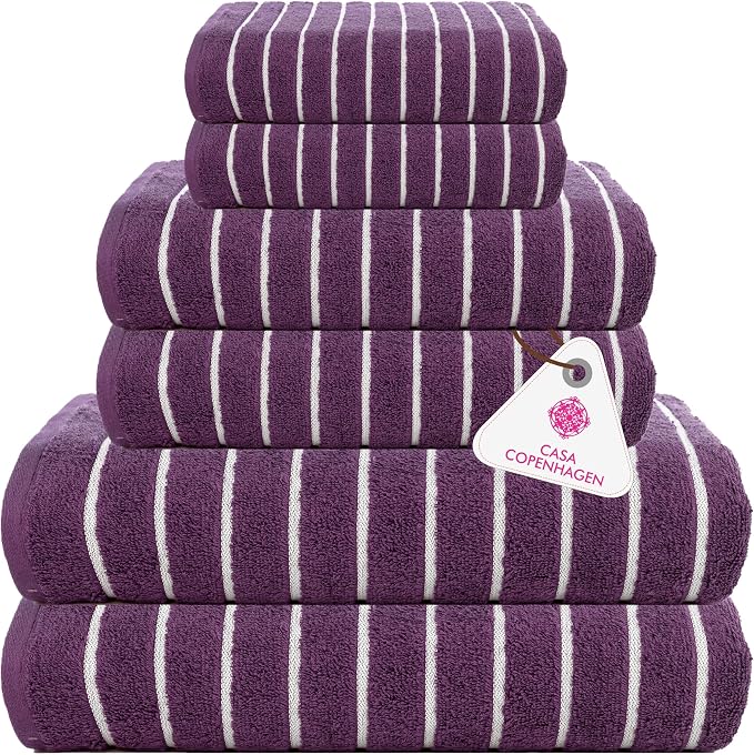 CASA COPENHAGEN Ecstatic 6Pcs 100% Egyptian Cotton Large Designer Towels Gift Set- Purple, 600GSM, 2Bath 2Hand 2Washcloths, Bath Towels for Bathroom Set for Women & Men