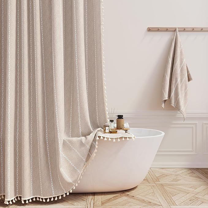 72x84 Long Boho Farmhouse Linen Heavy Duty Shower Curtain, Tan/Taupe | Tall Size, 330GSM Linen Blend, Water Repellent, Vintage Striped Fabric, 12 Plastic Hooks, Rustic Country, Machine Washable