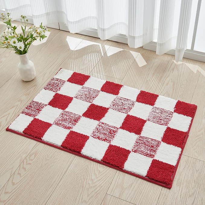 CozeCube Christmas Red Checkered Bath Mat 36"x24" Non Slip Washable Rug | For Bathroom Non Slip, Fluffy Absorbent Microfiber Bath Mats Machine Wash, Stylish Long Aesthetic Bathroom Rugs