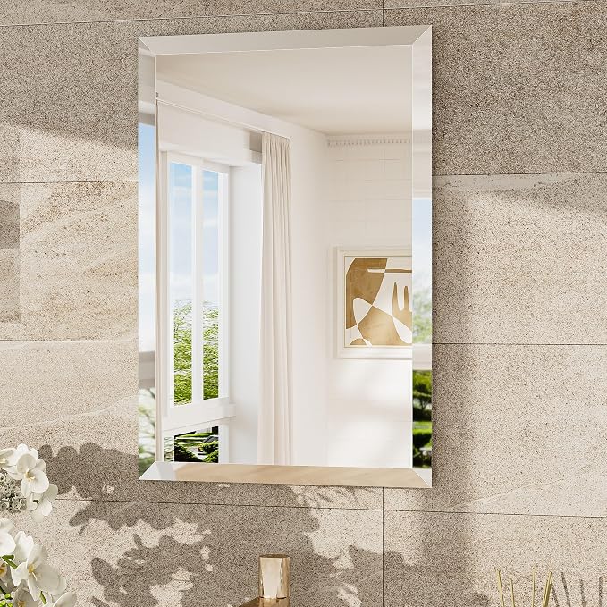 16x24 Beveled Mirror Bathroom Rectangle, Bathroom Vanity Mirror Frameless with 1" Beveled Edge, Shatterproof Modern Decorative Wall Mirrored for Living Room, Entryway, Restroom