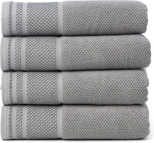 Texere 100% Organic Cotton Rice Weave Jacquard 700 GSM Luxury Bath Towel Sets - Ultra Soft and Absorbent Hotel and Spa Quality (Rice Weave, Cathedral Gray, 4 Bath Towels)