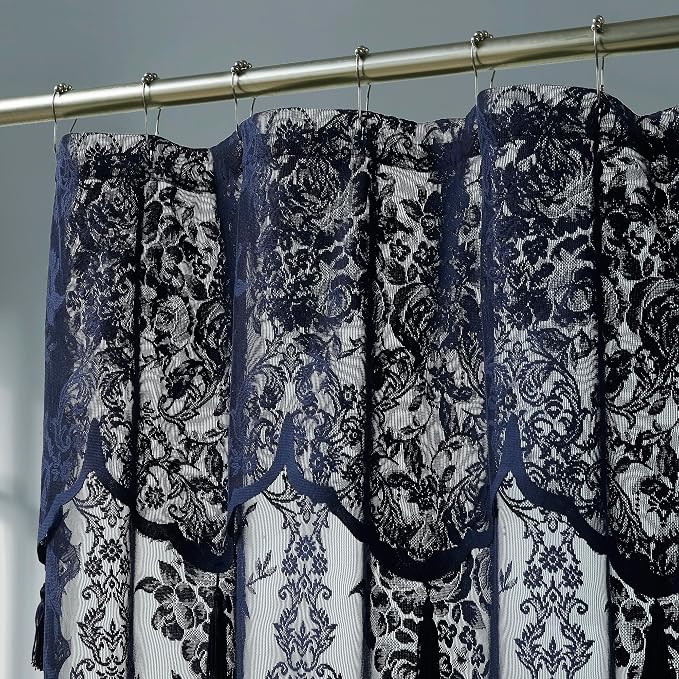 Warm Home Designs Navy Blue Lace Shower Curtain with Valance. LA Navy 84 | Navy Blue Lace Shower Curtain 72 x 84 Inches with Attached Valance & 7 Tassels. Luxury Farmhouse Shower Curtains.