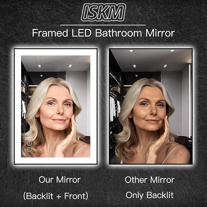 ISKM 84x32 Framed LED Bathroom Mirror, Dimmable Front & Backlit, Anti-Fog | 3 Color Temps(3000K/4000K/6000K), Stepless Dimming 10%-100%,Shatterproof Tempered Glass, IP65 Waterproof,Plug-In or Hardwired