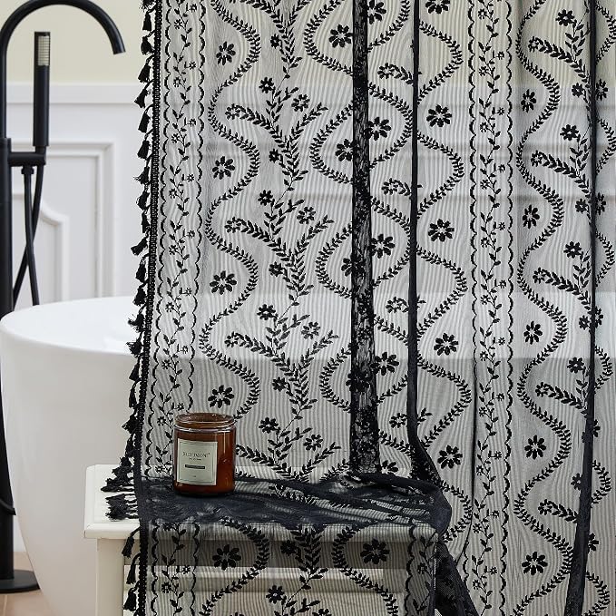 WAZZIO Black Lace Shower Curtain - Vintage Pretty Floral Sheer Shower Curtains Goth, Decorative Tassel Bath Curtains for Bathroom, 72 x 72 Inch, 1 Panel