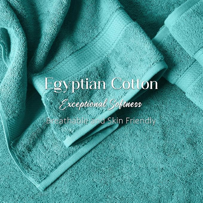 SUPERIOR Egyptian Cotton Ultra Plush & Absorbent, 12 Piece Set, Turquoise | Heavyweight 12 Pc Egyptian Cotton Towel Set Includes 4 Bath Towels 4 Hand Towels 4 Washcloths Decorative Rope Border