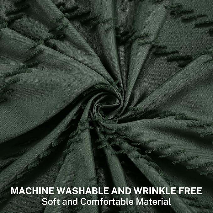 Siiluminisoy Boho Extra Long Dark Green Shower Curtain with Tassel, Woven Fabric Shower Curtain, Tufted Chevron Striped, 72 x 78, Modern Chic Textured Minimalist Bathroom Shower Curtains