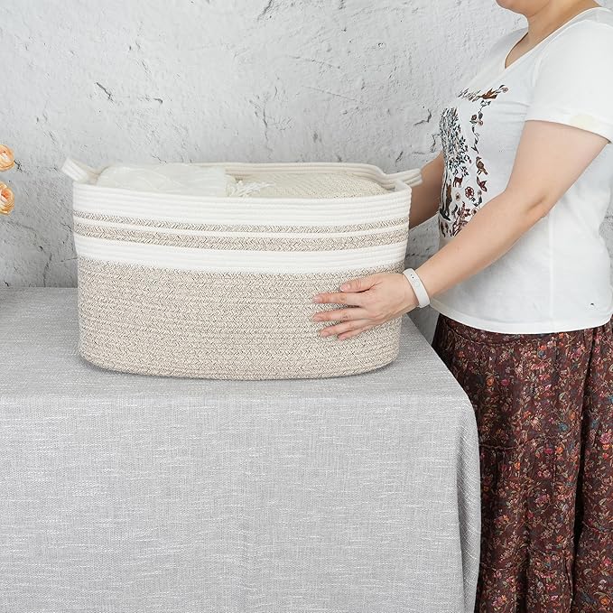 XUANGUO Large Woven Cotton Rope Blanket Basket 22"x17"x12" White Brown | Storage basket for nursery and living room; toy basket for kids or laundry basket for clothes and towels.