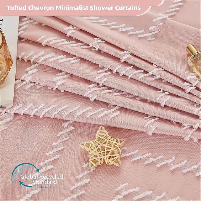Extra Long Pink Boho Shower Curtain with White Tassel, Woven Fabric 84 in Shower Curtain, Tufted Chevron Striped, 72 x 84, Modern Chic Textured Minimalist Cute Shower Curtain for Bathroom