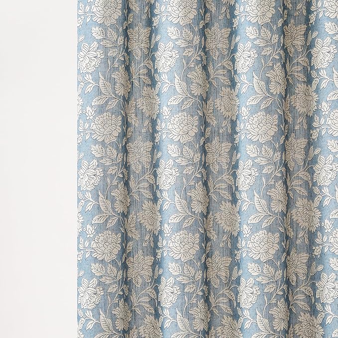 Lush Decor Zara Floral Block Linen Textured Shower Curtain Single 72" W x 72" L Blue - Floral Bath Curtain - Vintage Decor